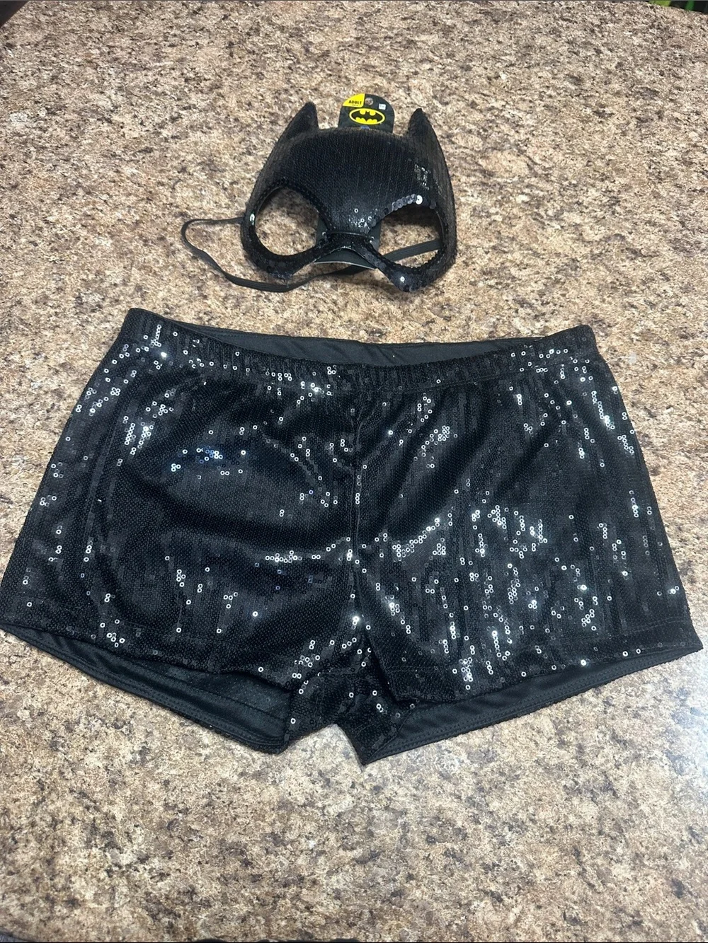NEW Black Sequin Shorts Medium & Batgirl Sequin Mask